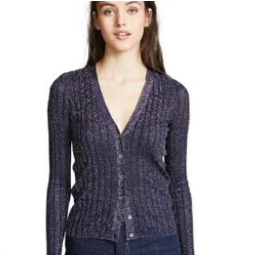Veronica Beard Toll Ribbed Metallic Knit Cardigan in Navy